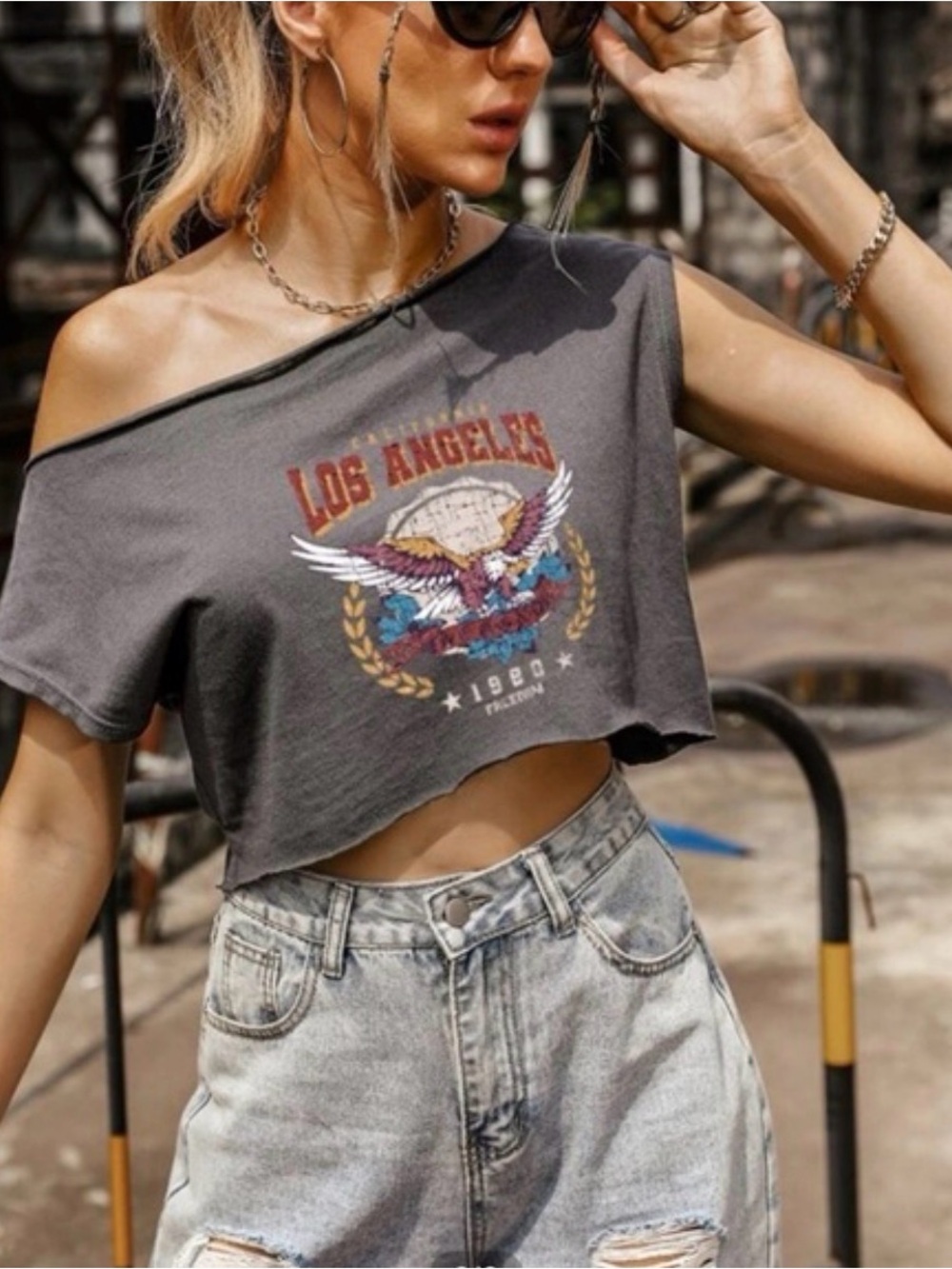 *2 for 20* SHEIN Gray Los Angeles Off-Shoulder Graphic Crop Top